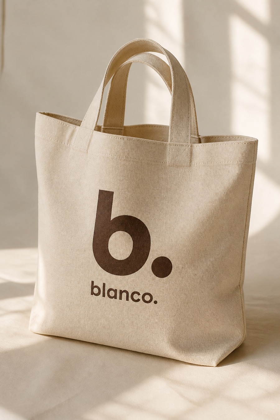 A canvas Blanco tote with the geometric b. and blanco. wordmark.
